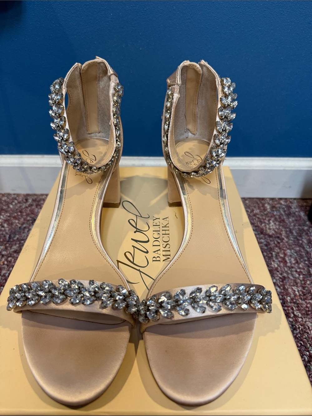 Badgley Mischka Blush Satin Crystal-Ankle Block Heel Sandals